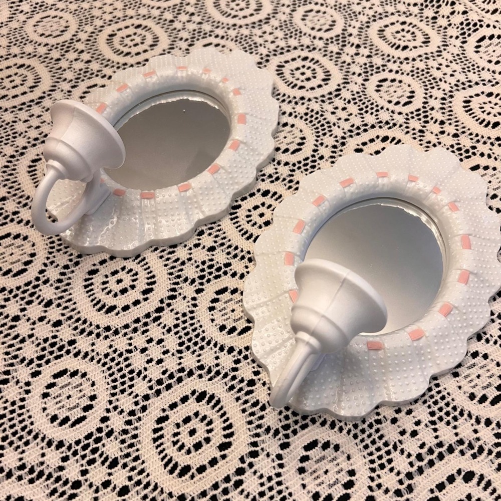 Pair of 1980s Burwood White Pink Plastic Mirrored Wall Sconces | Nursery Cottage